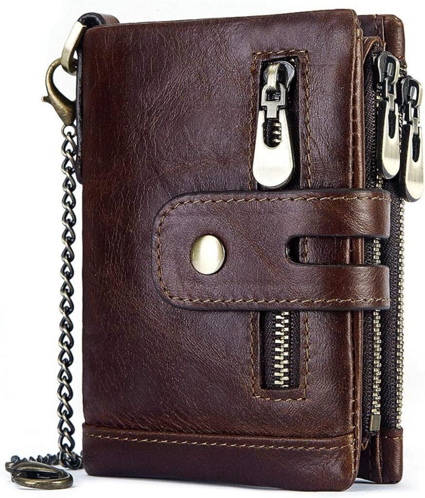 boshiho Mens Leather RFID Blocking Trifold Wallets, Double Zipper Coin Pocket Purse with Anti-Theft Chain Bikers Wallets (Brown)