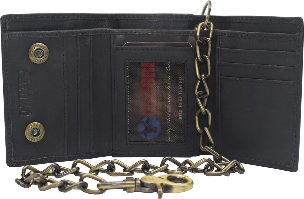 Mens RFID Blocking Trifold Vintage Leather Biker Chain Wallet With Snap Closure (Black)