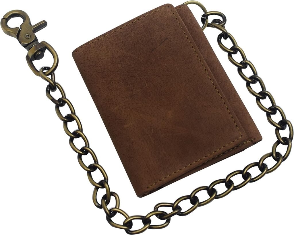Mens RFID Blocking Trifold Vintage Leather Biker Chain Wallet With Snap Closure (Black)