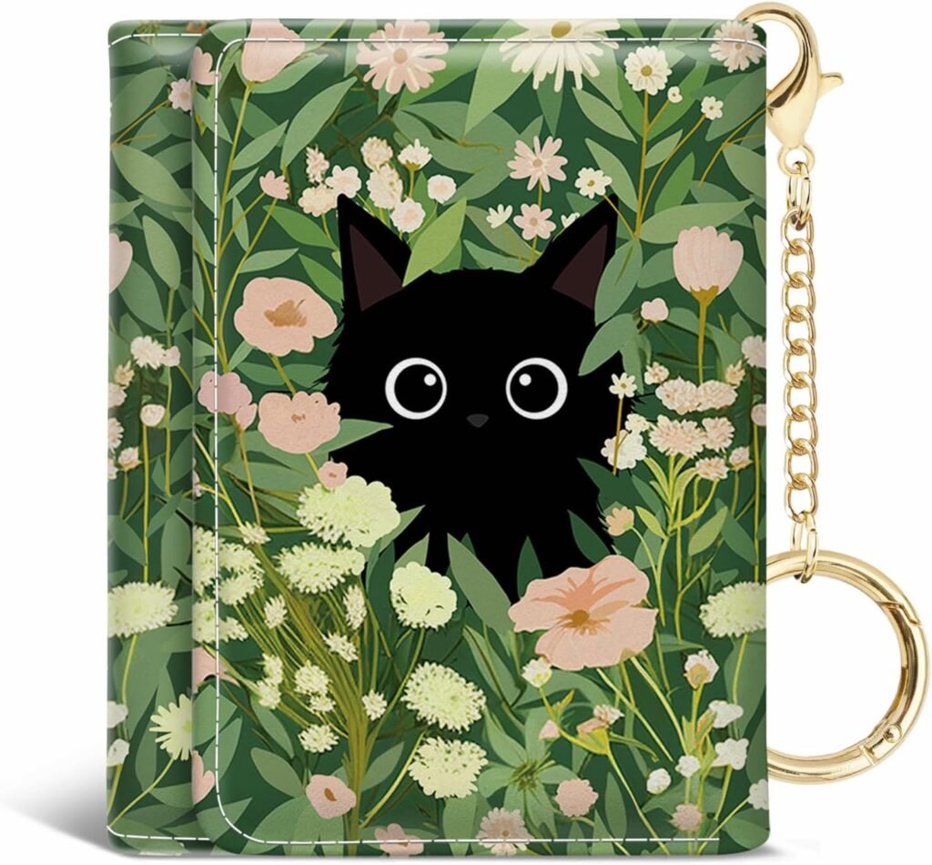 Black Cat Floral Womens Wallet, Small Slim RFID Blocking Card Wallets, Cute Trifold PU Leather Card Holder Wallet Organizer, Mini Pocket Cash Wallet with 7 Card Slots ID Window for Girls Ladies