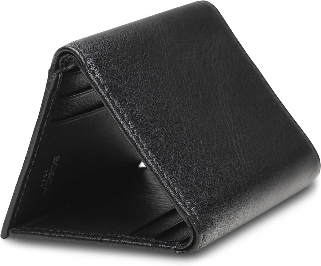 Bosca Mens Wallet, Nappa Vitello Leather Single I.D. Tri Fold Wallet with RFID Blocking, Black