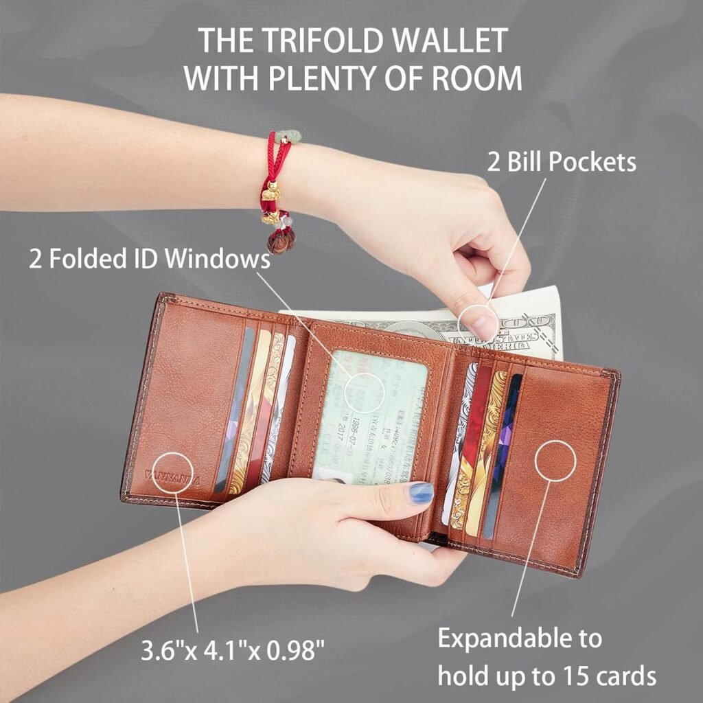 VANNANBA Mens Leather Trifold Wallet with Folded ID Windows,12 Card Slots  2 Note pockets,Brown Wallet for Men RFID Blocking Waterproof Wallets for Men