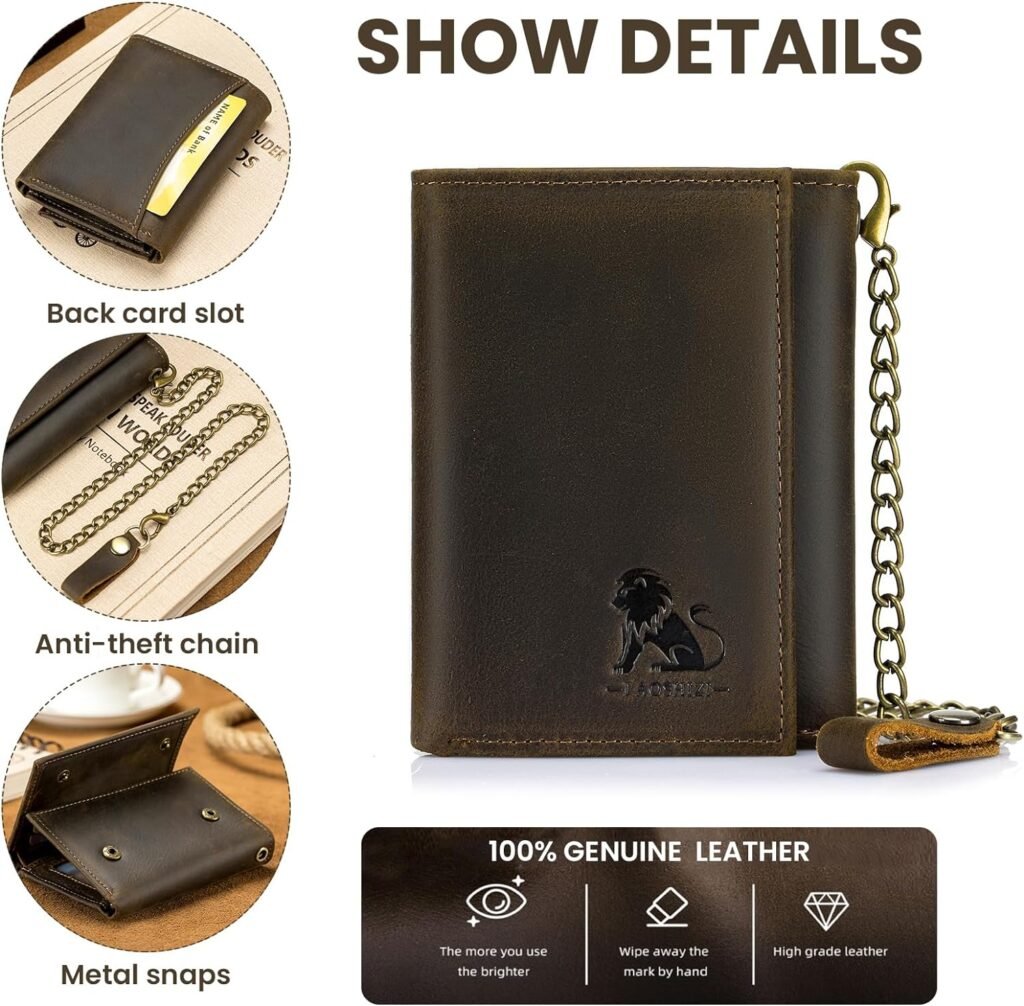 BAIGIO Men Wallet with Chain Genuine Leather RFID Blocking Trifold Mens Wallet with Anti-theft Chain