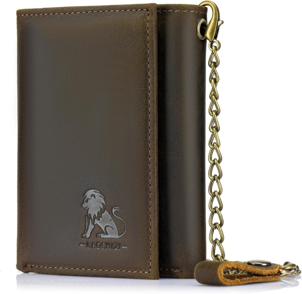 BAIGIO Men Wallet with Chain Genuine Leather RFID Blocking Trifold Mens Wallet with Anti-theft Chain