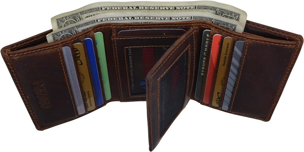 RFID Blocking Mens Classic Trifold Crazy Horse Leather Credit Card ID Wallet
