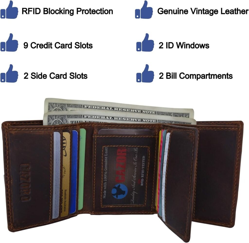 RFID Blocking Mens Classic Trifold Crazy Horse Leather Credit Card ID Wallet