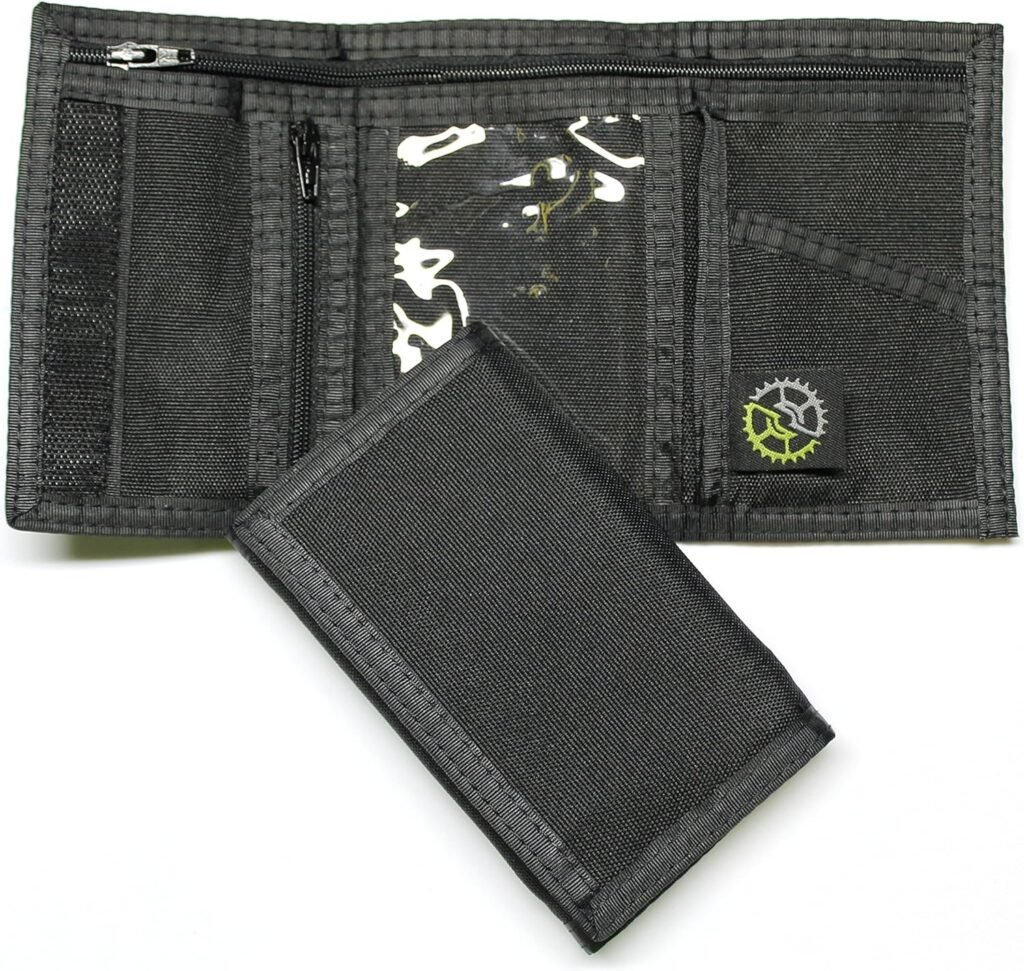 Sprocket Nylon Trifold Wallet with Zippered Coin Pocket (Black), 3 x 5
