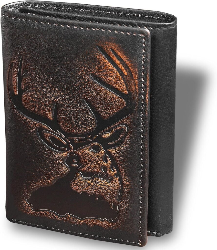 DK86 Deer Trifold Wallets for Men Full Grain Leather with Hand Burnished Tri-Fold Wallet RFID Blocking (Black and Brown)