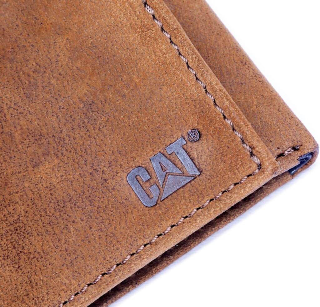 Caterpillar Mens Leather Trifold Wallet with ID Window, Tan, One Size