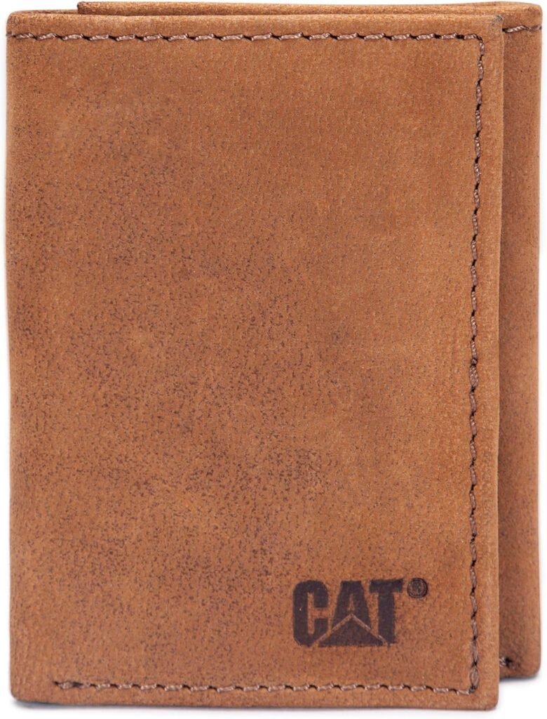 Caterpillar Mens Leather Trifold Wallet with ID Window, Tan, One Size