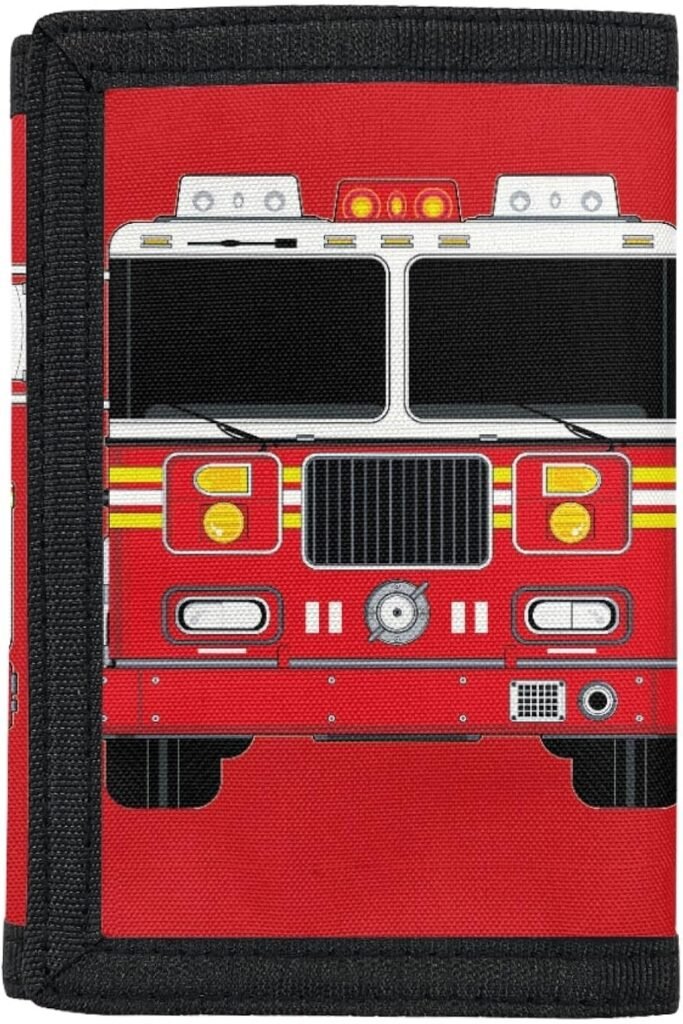 Red Cars Print Trifold Youth Wallet Canvas Trifold Wallets with Card Holder and ID Window Slot Fire Engines Truck Vehicle Pattern