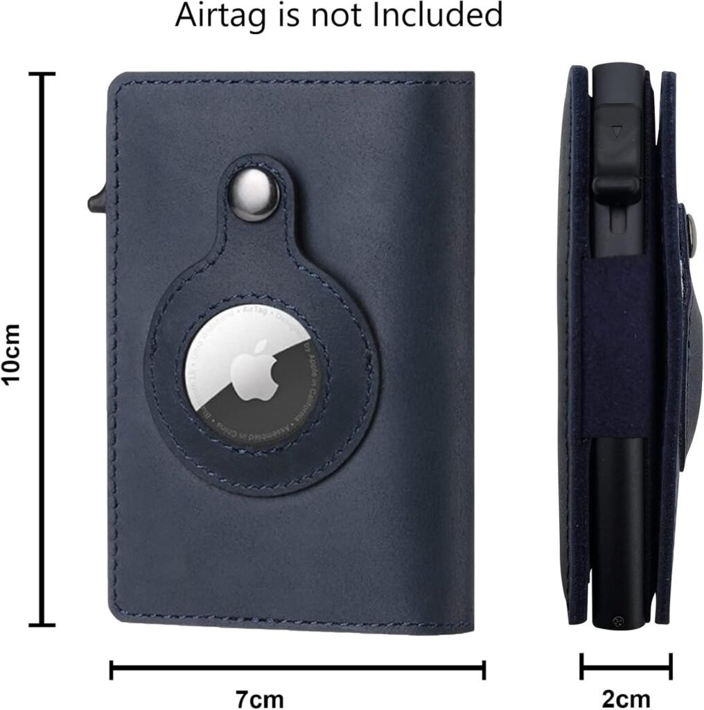 Airtag Wallet Case (Airtag Not Included) - Genuine Leather Wallet for Men - 5-6 Pop Up Credit Cards Money Holder, RFID Blocking - Slim, Thin, Trifold Wallet with Air Tag Holder - Magnetic Close (Blue)