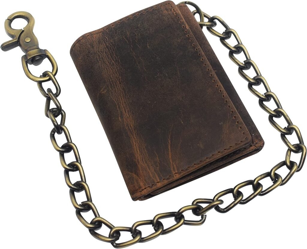 Mens RFID Blocking Trifold Vintage Leather Biker Chain Wallet With Snap Closure (Brown)