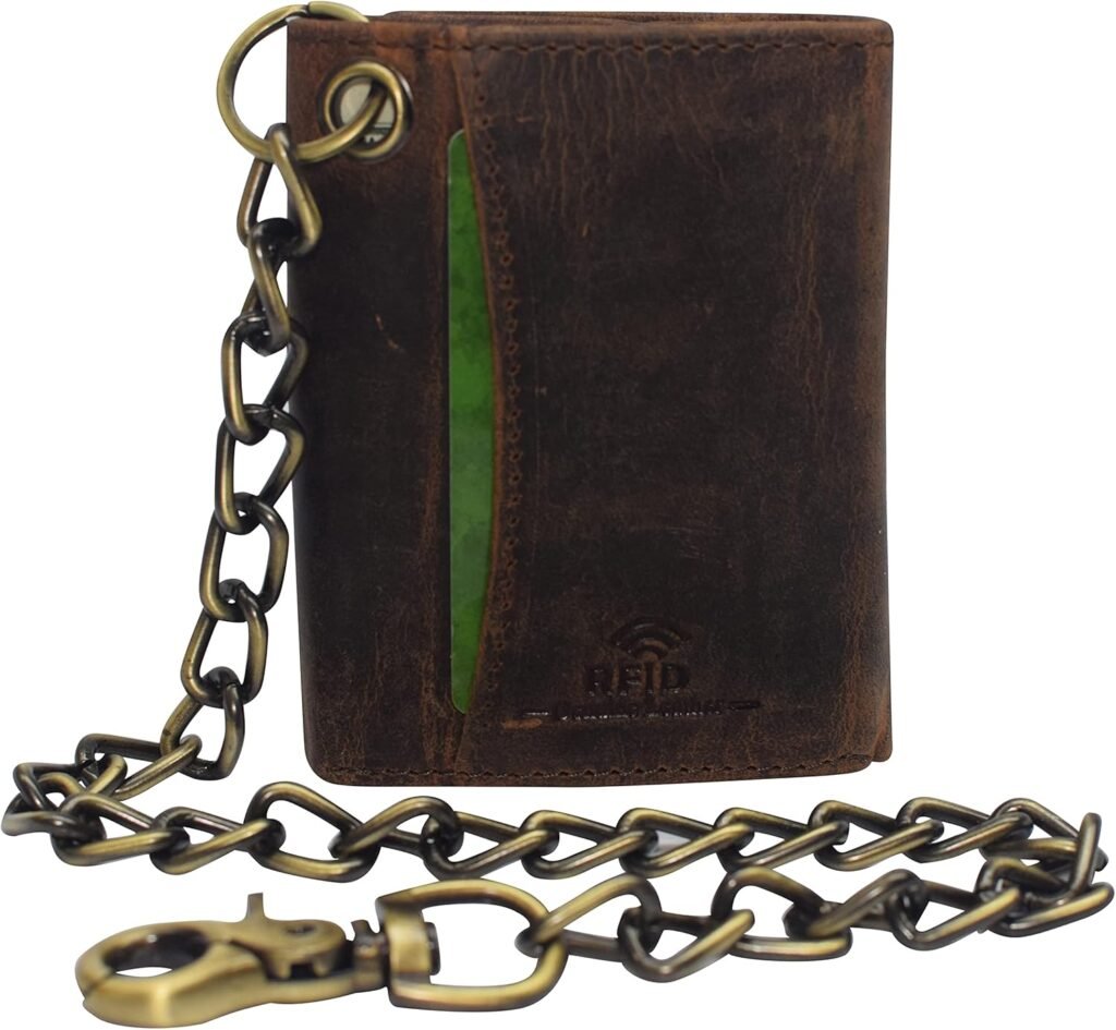 Mens RFID Blocking Trifold Vintage Leather Biker Chain Wallet With Snap Closure (Brown)