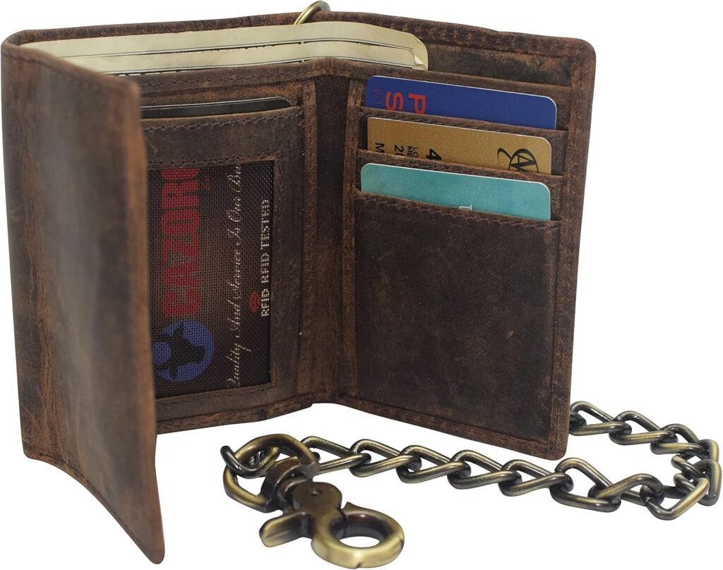 Mens RFID Blocking Trifold Vintage Leather Biker Chain Wallet With Snap Closure (Brown)