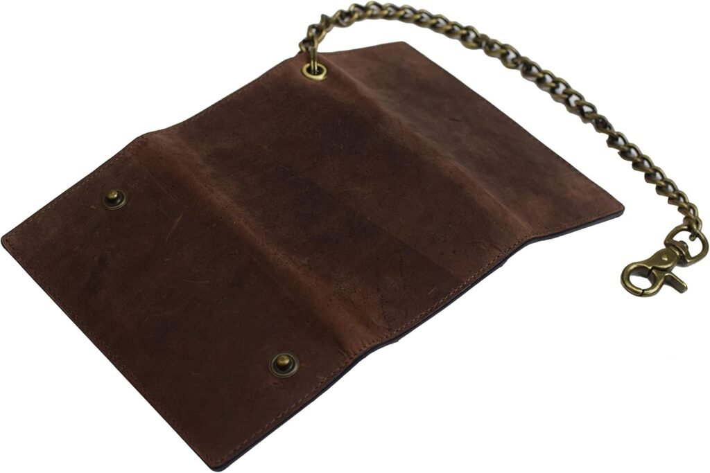 Mens RFID Signal Blocking Bikers Vintage Brown Leather Long Tri-fold Chain Checkbook Card ID Wallet (Brown)