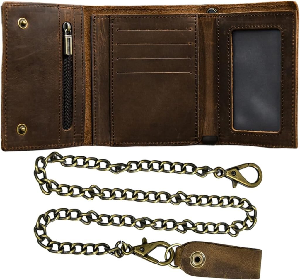 Mens Tri-fold Vintage Biker Cowhide Top Grain Leather Steel Chain Wallet,Snap Closure