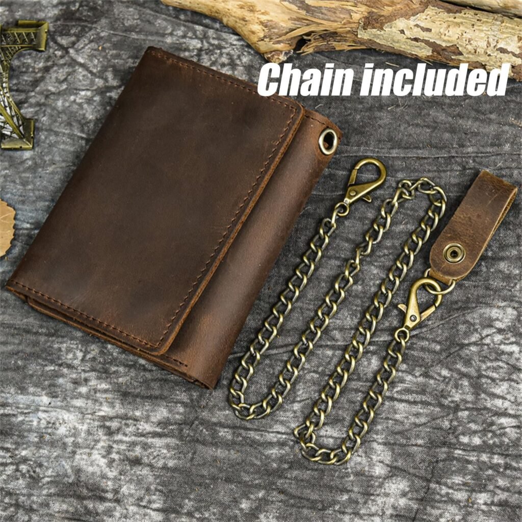 Mens Tri-fold Vintage Biker Cowhide Top Grain Leather Steel Chain Wallet,Snap Closure