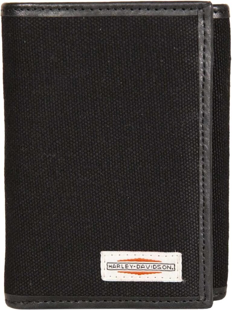 Harley-Davidson Mens Patch Cotton Canvas  Leather Tri-Fold RFID Wallet - Black